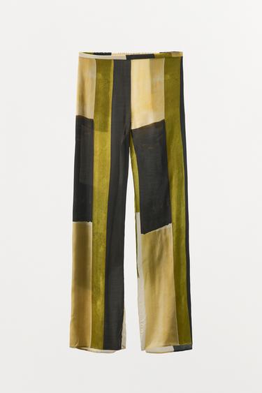 Zara SATIN PRINTED PANTS - Green