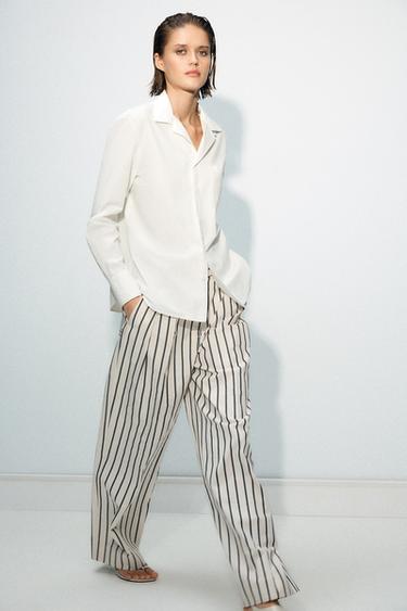 Zara ZW COLLECTION STRIPED PLEATED PANTS - Navy / White