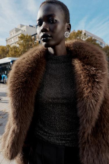 Zara SHORT FAUX FUR COAT - Brown