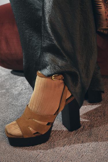 Zara SPLIT LEATHER PLATFORM SANDALS - Brown