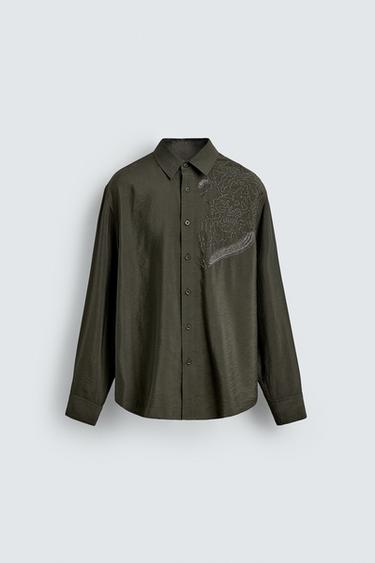 LIMITED EDITION EMBROIDERED SHIRT WITH RHINESTONES - Dark khaki by Zara