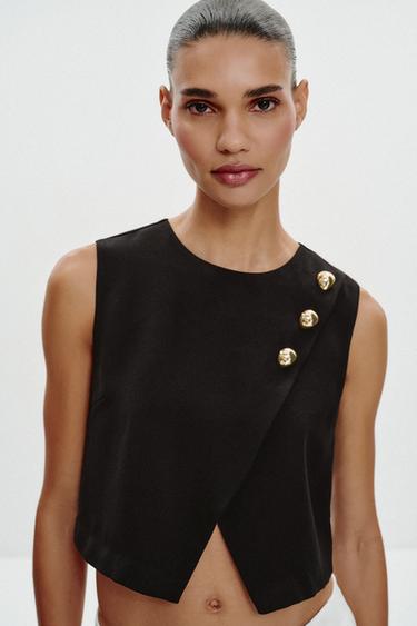 TOP CROISÉ BOUTONS DORÉS - Noir de Zara - Image 1
