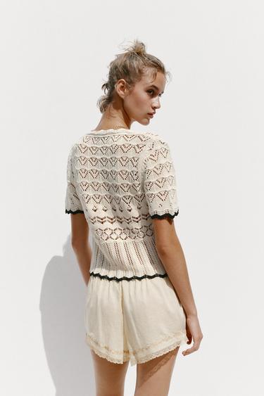 POINTELLE KNIT SHORT SLEEVE CARDIGAN - Black / White by Zara - Image 4