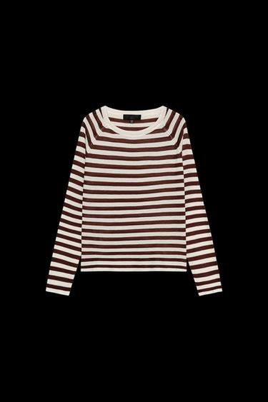 FINE KNIT STRIPED SWEATER - Ecru / Brown by Zara