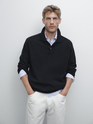 Zara 100% cashmere ribbed knit polo shirt - Navy blue