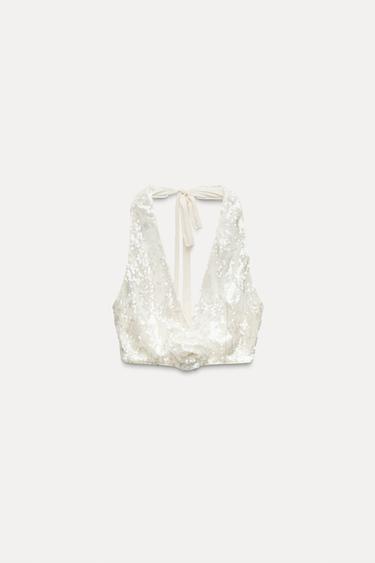 HALTER NECK TOP WITH SEQUINNED FLOWER - White by Zara