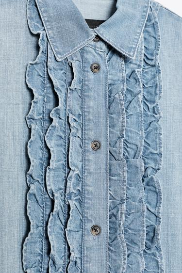 ZW COLLECTION JABOT FRILL DENIM SHIRT - Blue by Zara - Image 5