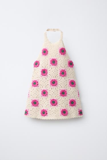 FLORAL CROCHET KNIT DRESS - Fuchsia by Zara