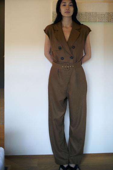 LINEN BLEND JUMPSUIT WITH BELT - Toffee by Zara