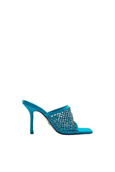 MESH HEELED MULES WITH RHINESTONES