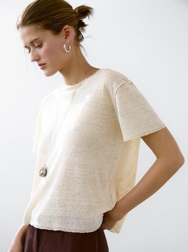 Zara Cutwork linen blend T-shirt - Sand