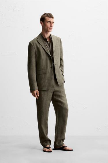 100% LINEN SUIT TROUSERS - Dark khaki by Zara - Image 0