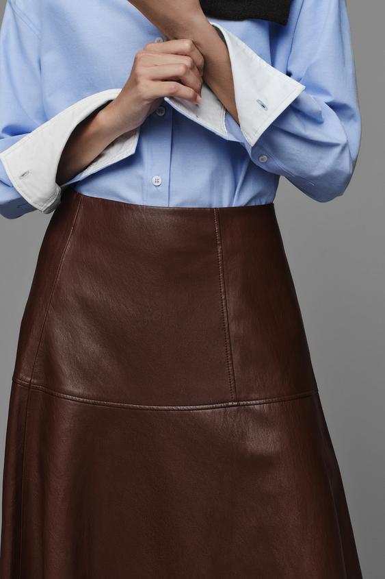 LEATHER-EFFECT LAYERED MIDI SKIRT - Burgundy by Zara - Image 3