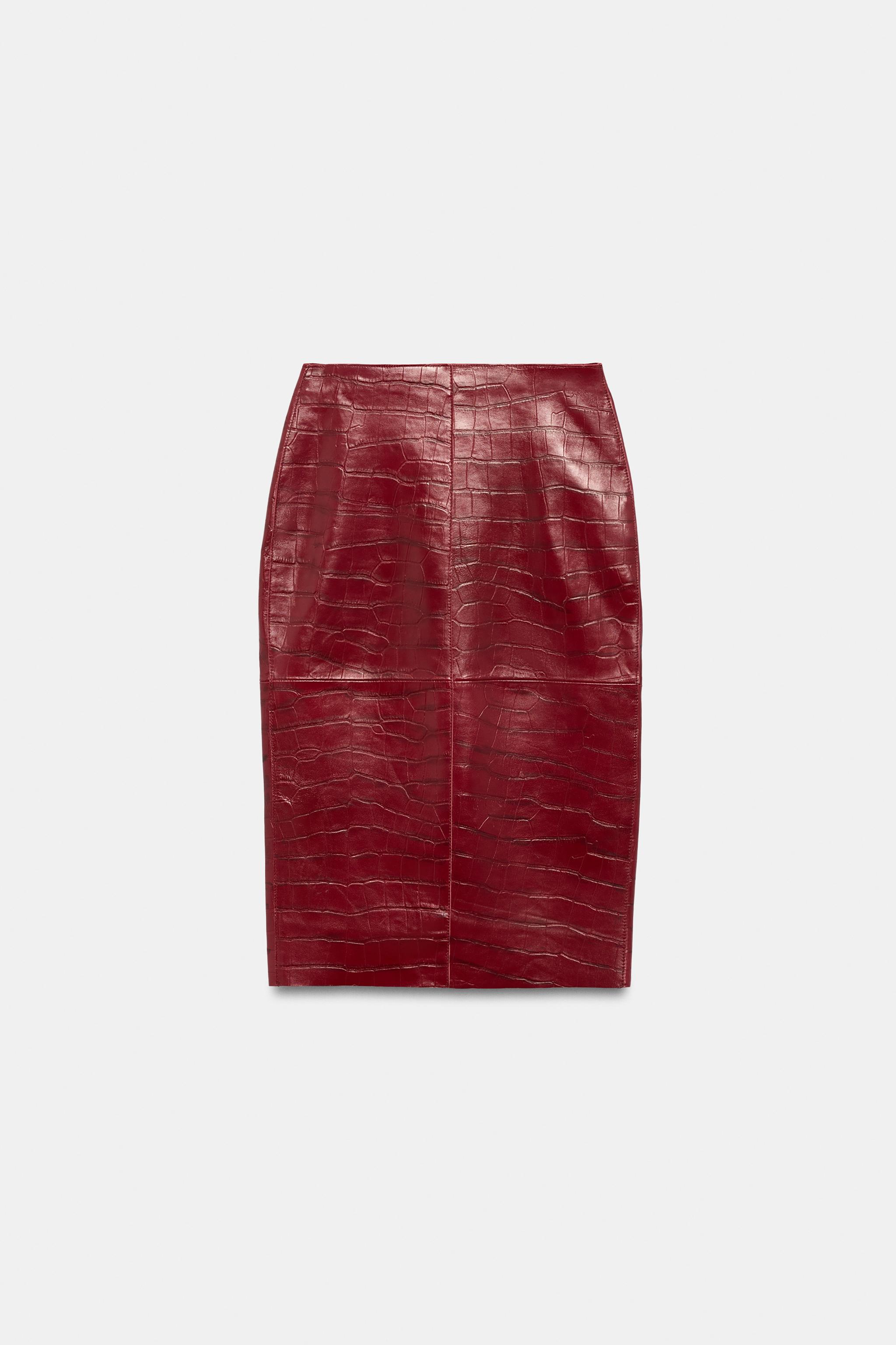 ZW COLLECTION 100% LEATHER MIDI SKIRT — Red