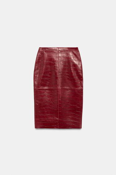 ZW COLLECTION 100% LEATHER MIDI SKIRT - Red by Zara