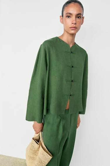 Flowy button-detail overshirt — Green / Blue 1