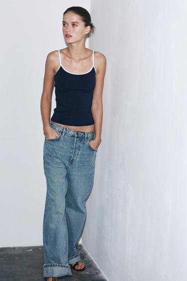 Zara CONTRAST PIPING T-SHIRT - Navy blue