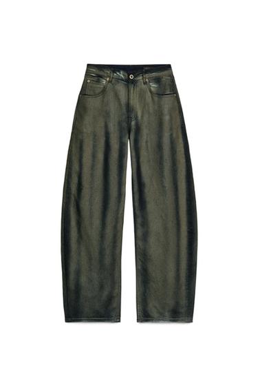 Zara ZW COLLECTION MID-RISE BARREL LEG LIMITED EDITION JEANS - Green