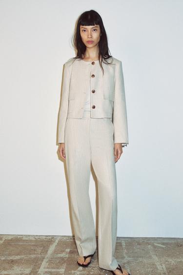 Zara RUSTIC WEAVE JACKET SET - Light beige