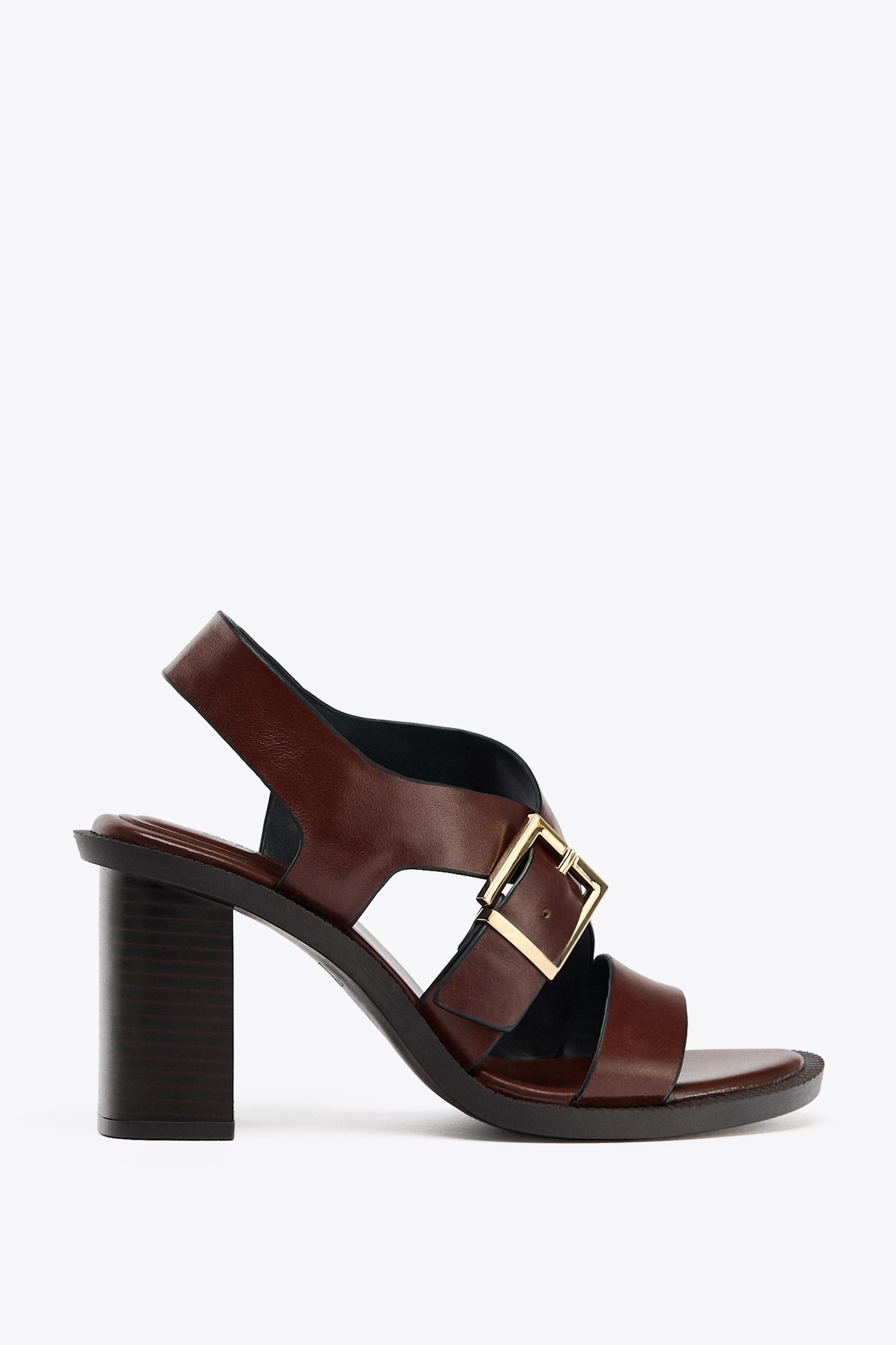 バックル付きレザーハイヒールサンダル - ブラウン | ZARA Japan