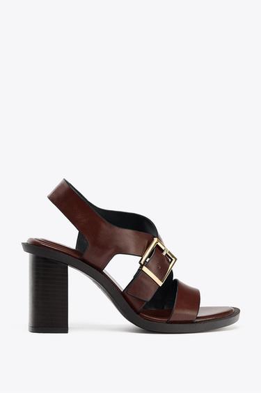 LEATHER BUCKLE HEEL SANDALS - Brown by Zara