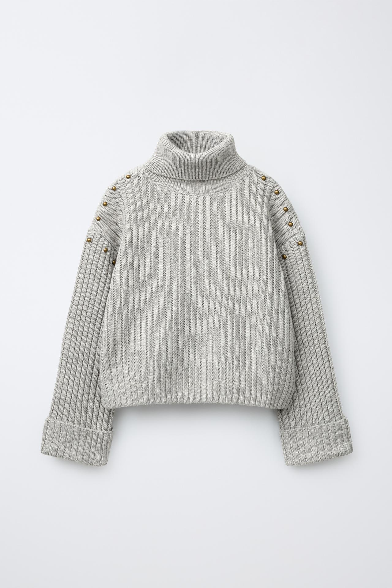 WOOL-BLEND STUDDED TURTLENECK JUMPER — Mid-gray