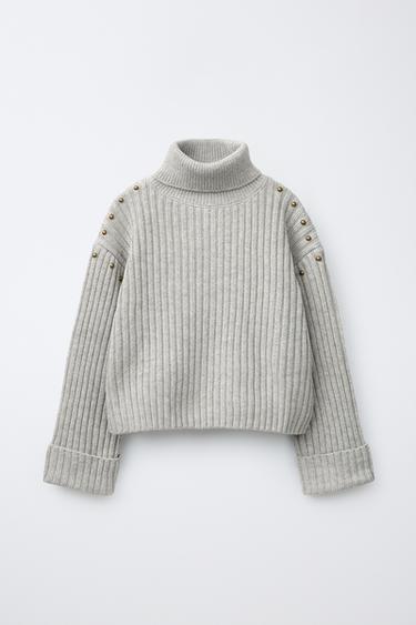 WOOL-BLEND STUDDED TURTLENECK JUMPER — Mid-gray 2