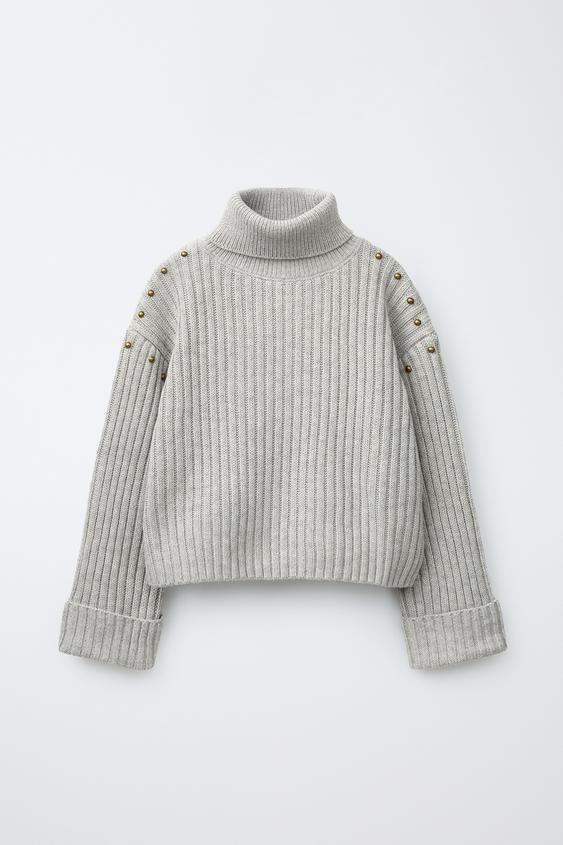 STUDDED WOOL BLEND TURTLENECK JUMPER - Mid-grey by Zara - Image 0
