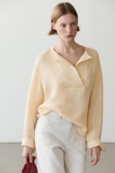 Blusa fluida detalle pechera lino - Amarillo pastel de Zara