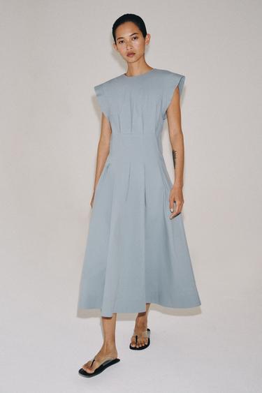 Zara ZW COLLECTION 府綢打褶洋裝 - 藍色 / 灰色