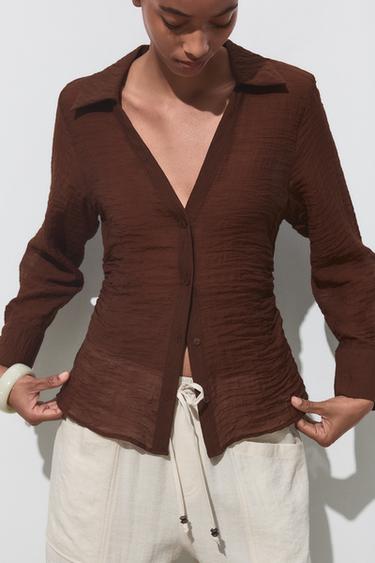 Zara WRINKLED EFFECT SHIRT - Brown