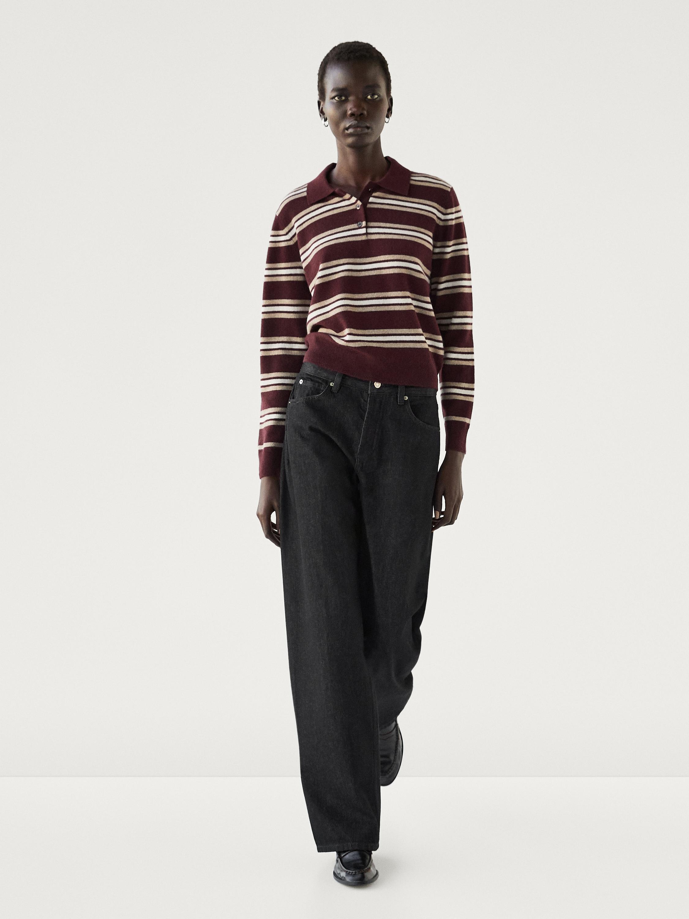 100% cashmere striped knit polo sweater - white | ZARA