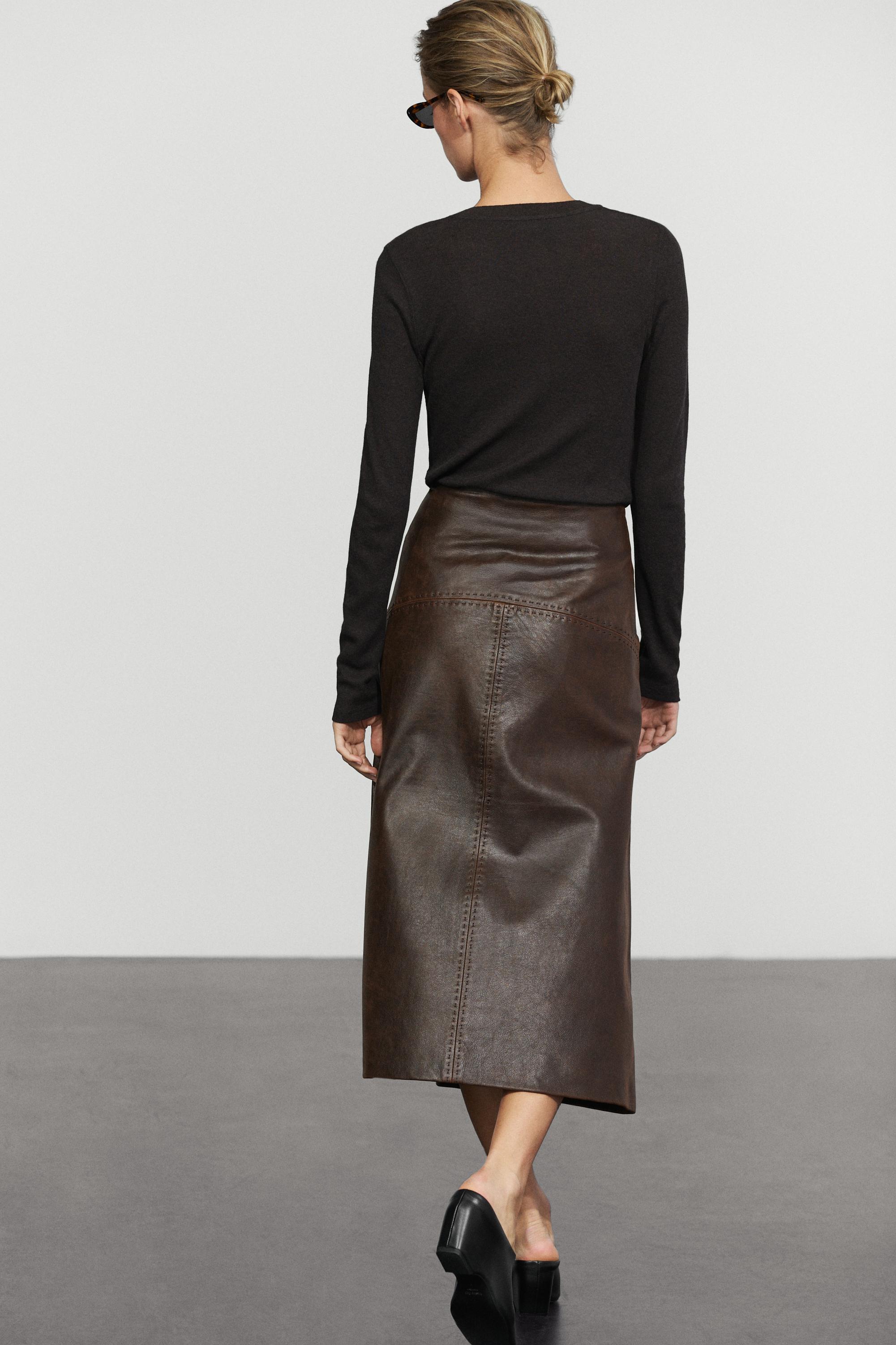 Straight nappa leather midi skirt with seam details