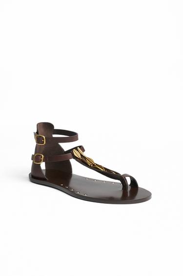 SANDÁLIA DE COURO  COM ENFEITE - Marrom da Zara