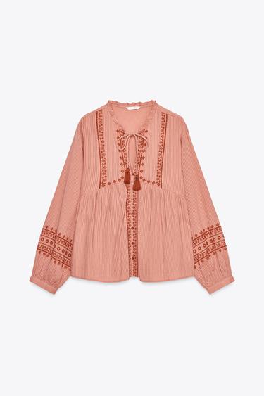 CONTRAST EMBROIDERY BLOUSE - MARSALA by Zara - Image 4