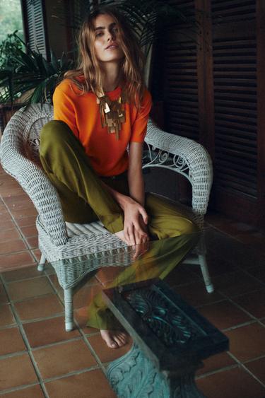 BASIC PLAIN KNIT TOP WITH SHORT SLEEVES - Orange by Zara