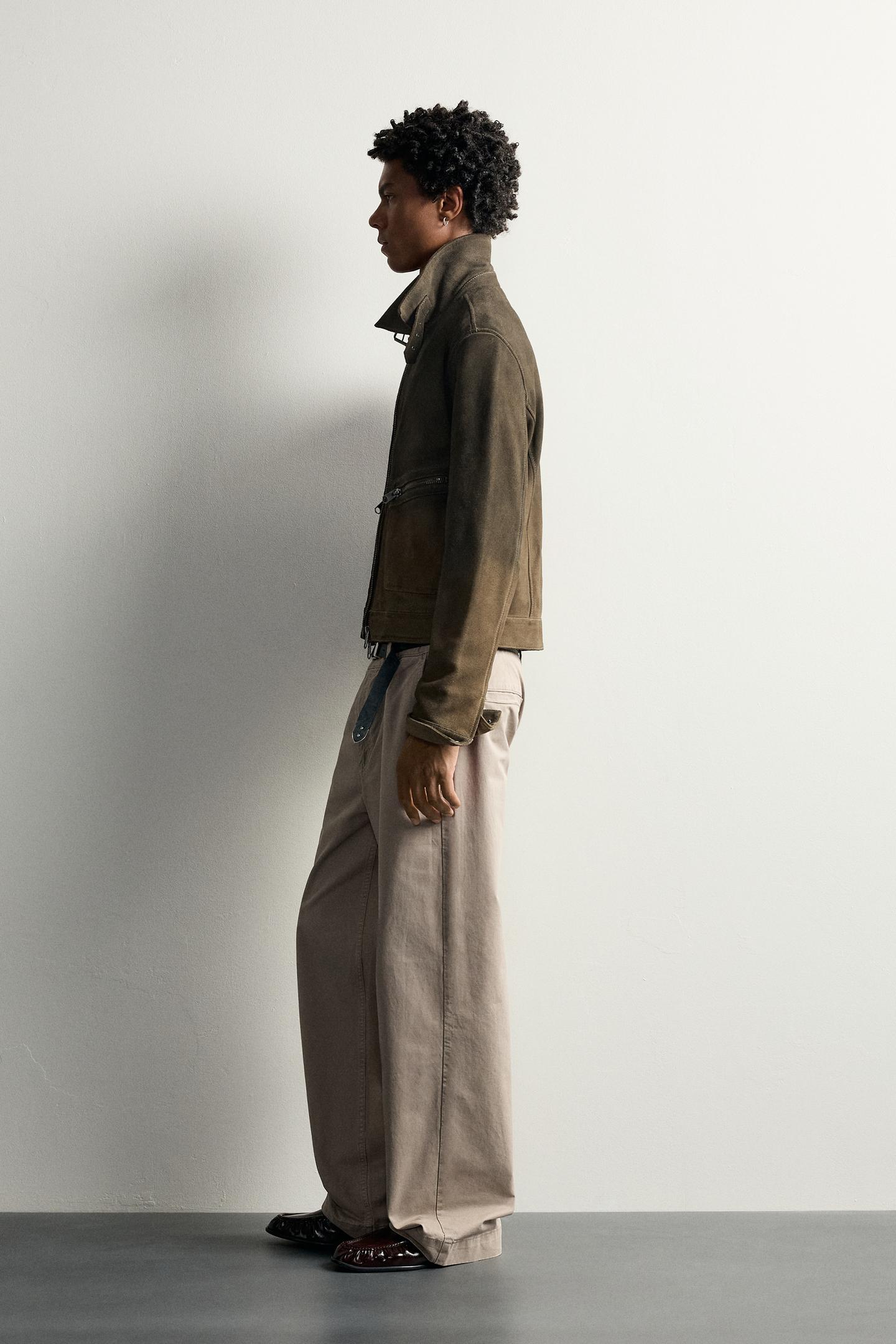 Мужская куртка Zara Washed Leather Cropped Fit, цвет: Чёрный / Коричневый — фото 4