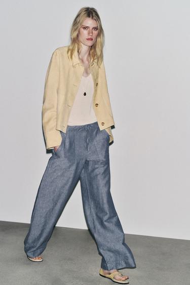 PANTALÓN WIDE LEG CON LINO ZW COLLECTION - Azul de Zara