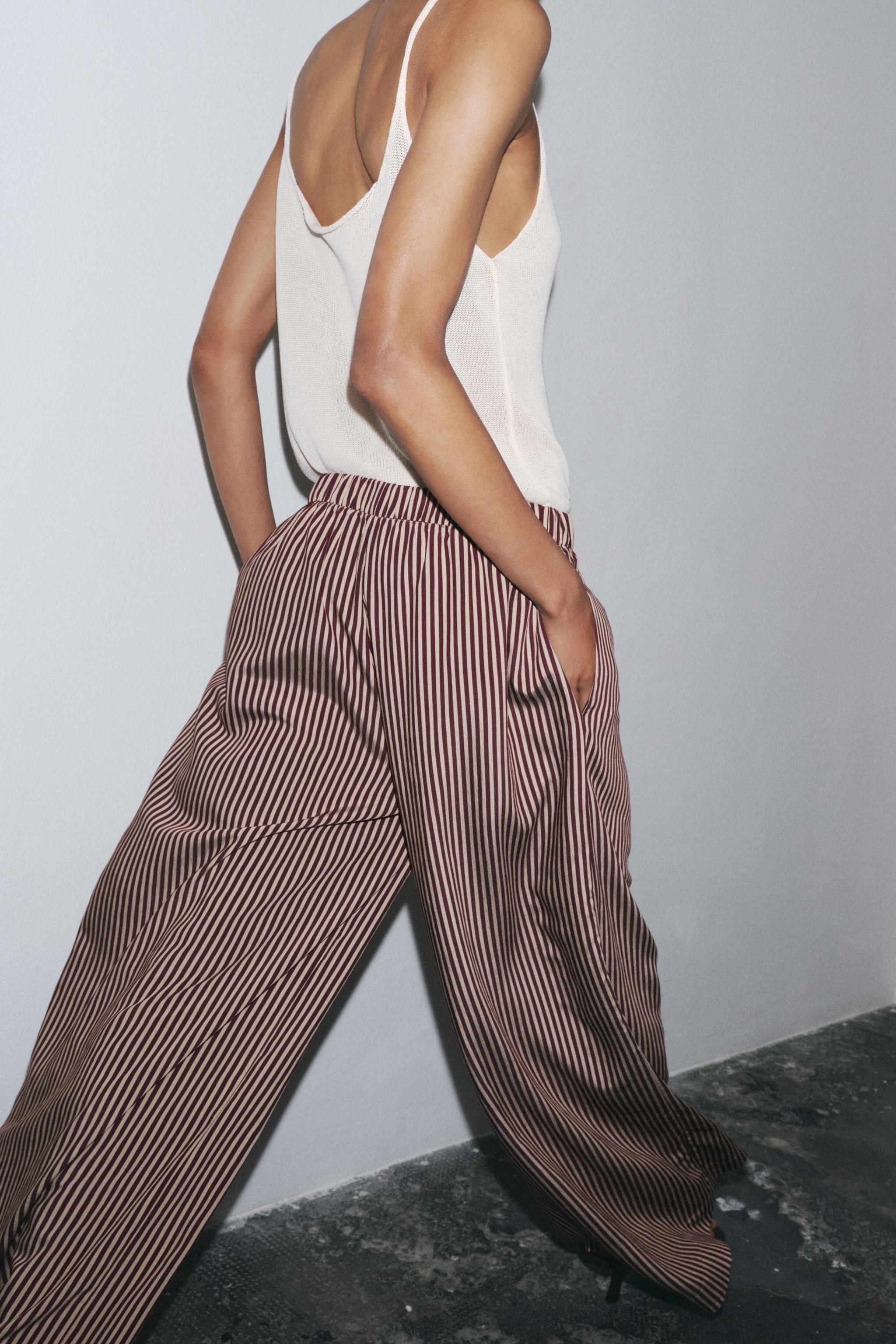 ZW COLLECTION STRIPED FLOWY PANTS - Ecru / Maroon | ZARA