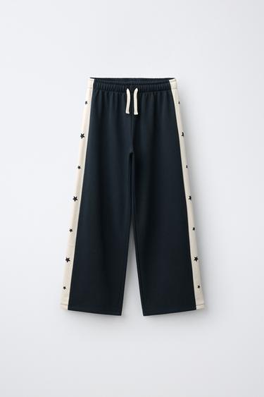 WIDE LEG STAR-PRINT SIDE-STRIPE PANTS — Dark navy 1