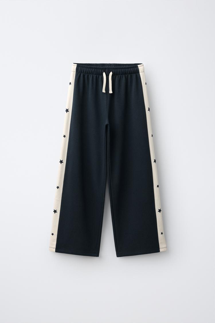 WIDE LEG STAR-PRINT SIDE-STRIPE PANTS — Dark navy