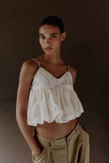 PUFFBALL TOP WITH CUTWORK EMBROIDERY - Ecru by Zara