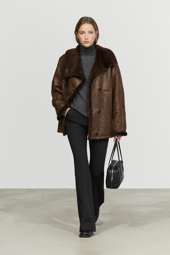 Zara Double-faced leather coat with fur - Brown - Image 0