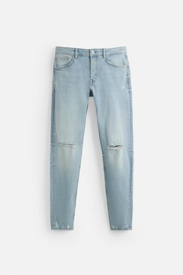 Zara RIPPED SKINNY FIT JEANS - Light blue