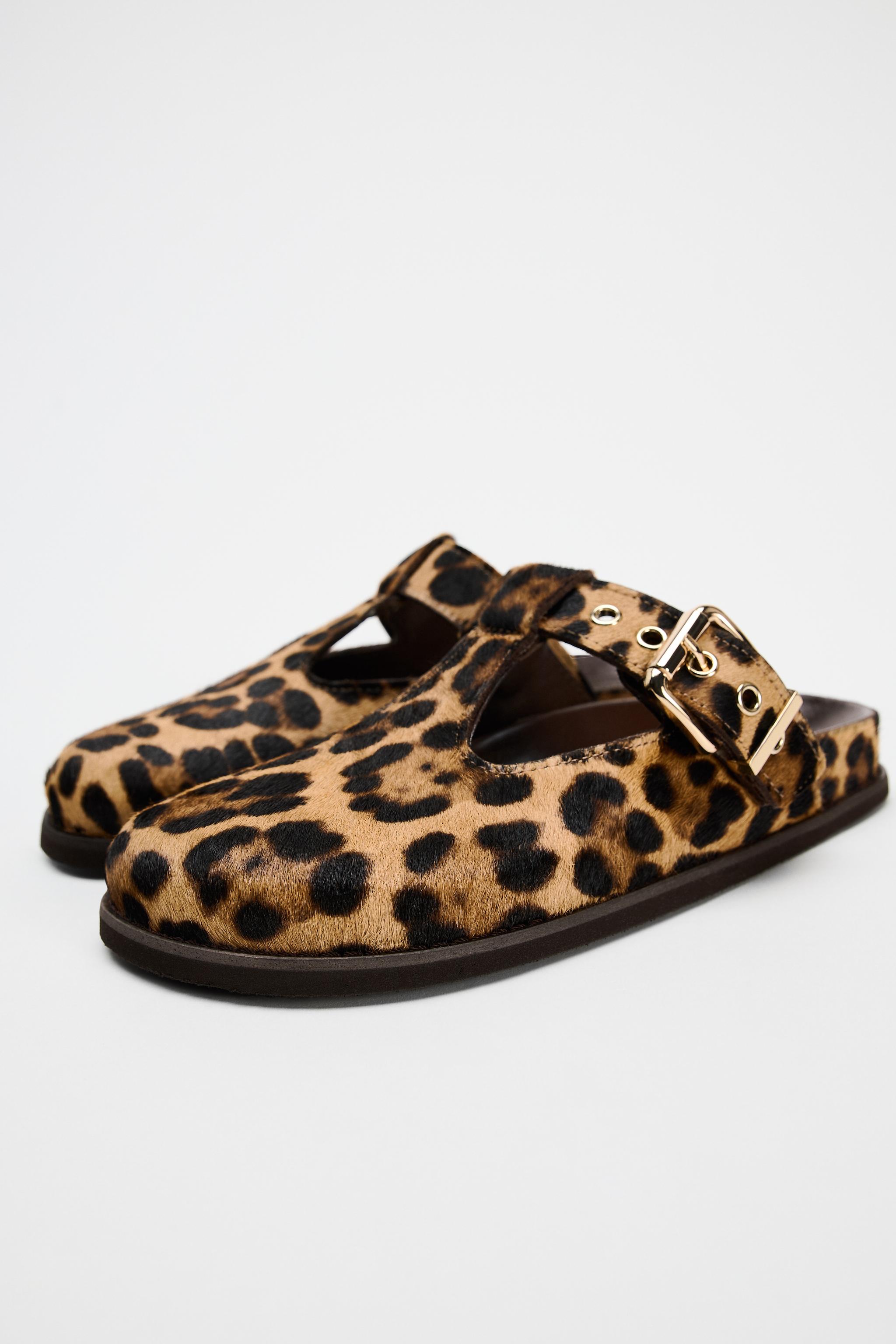 NEW Zara Sz store 12/29 Cowhide Leather Clogs Animal Print Brown Slipons