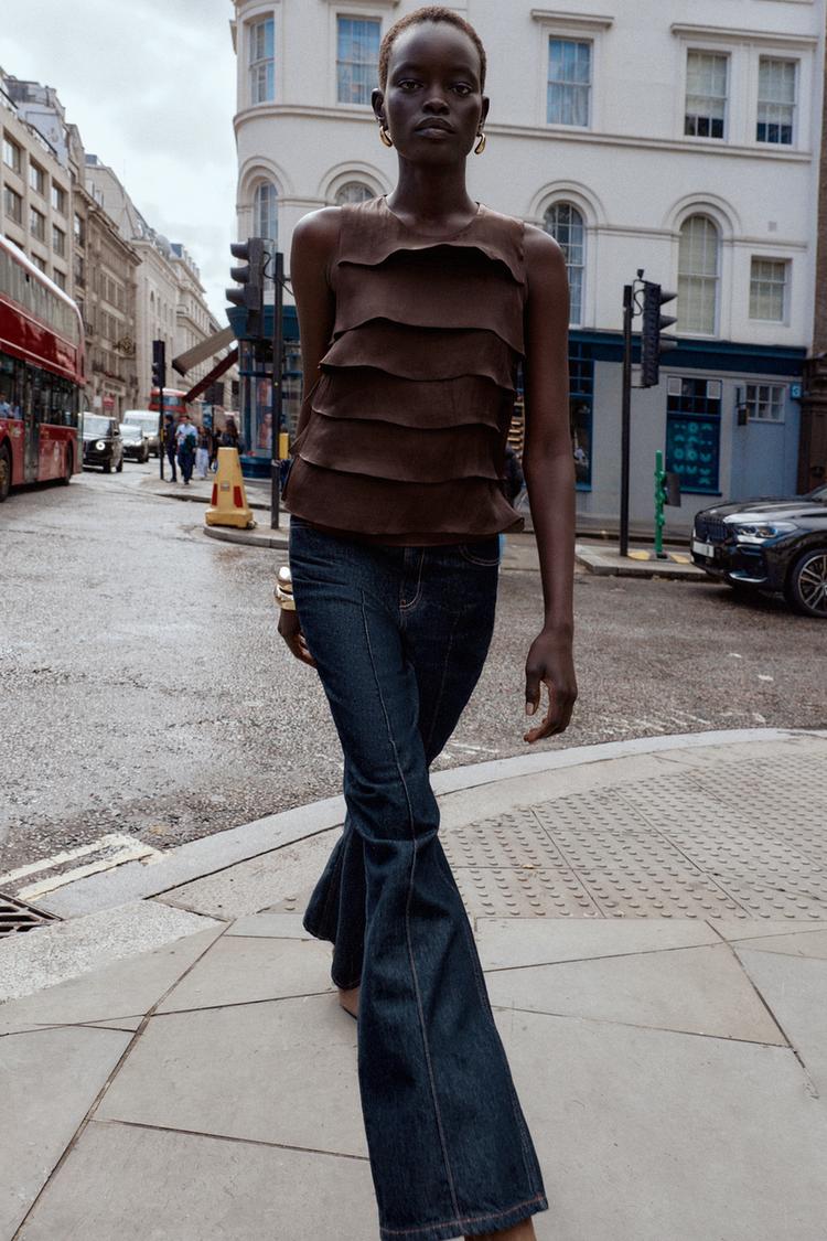 SATIN RUFFLED TOP Brown ZARA United States