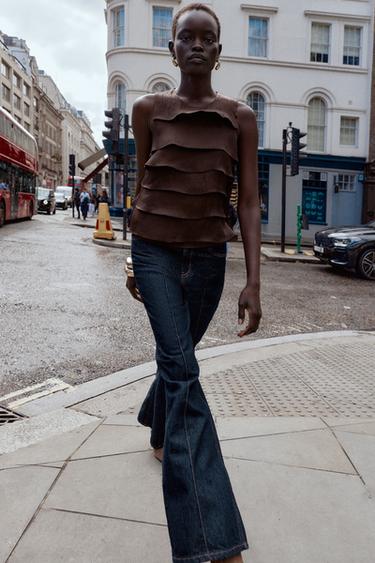Zara SATIN RUFFLED TOP - Brown - Image 0