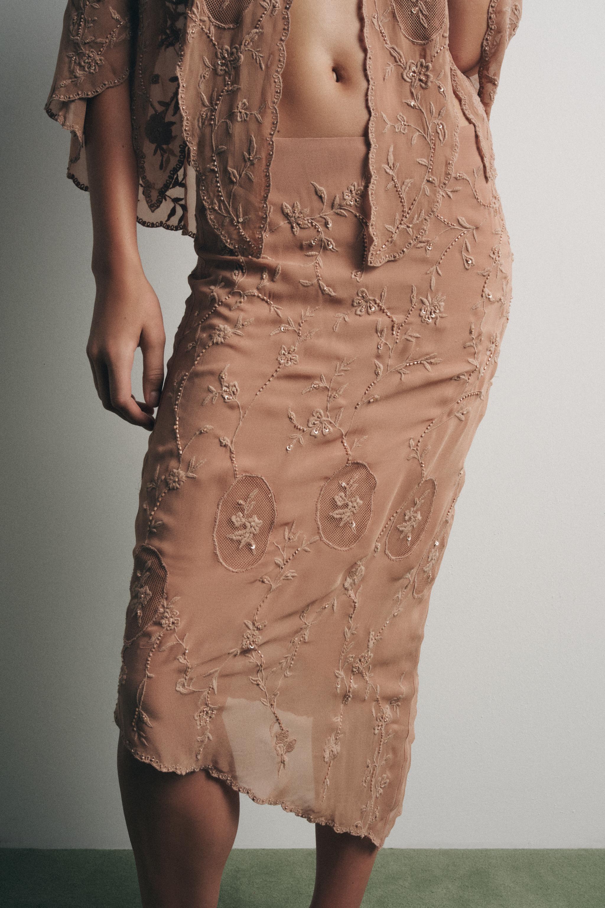 GEORGETTE EMBROIDERED BEADED SKIRT - Pink | ZARA United States