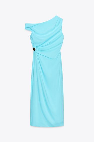 APPLIQUÉ ASYMMETRIC LINEN BLEND MIDI DRESS - Turquoise by Zara
