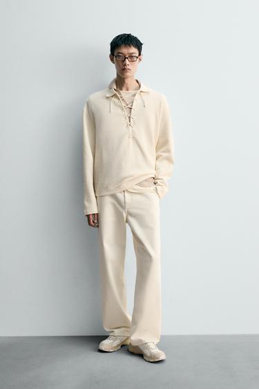 TEXTURED DRAWSTRING POLO SHIRT - Oyster-white by Zara